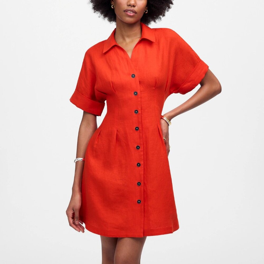 Madewell Pleated Mini Shirtdress in 100% Linen in Bright Flame